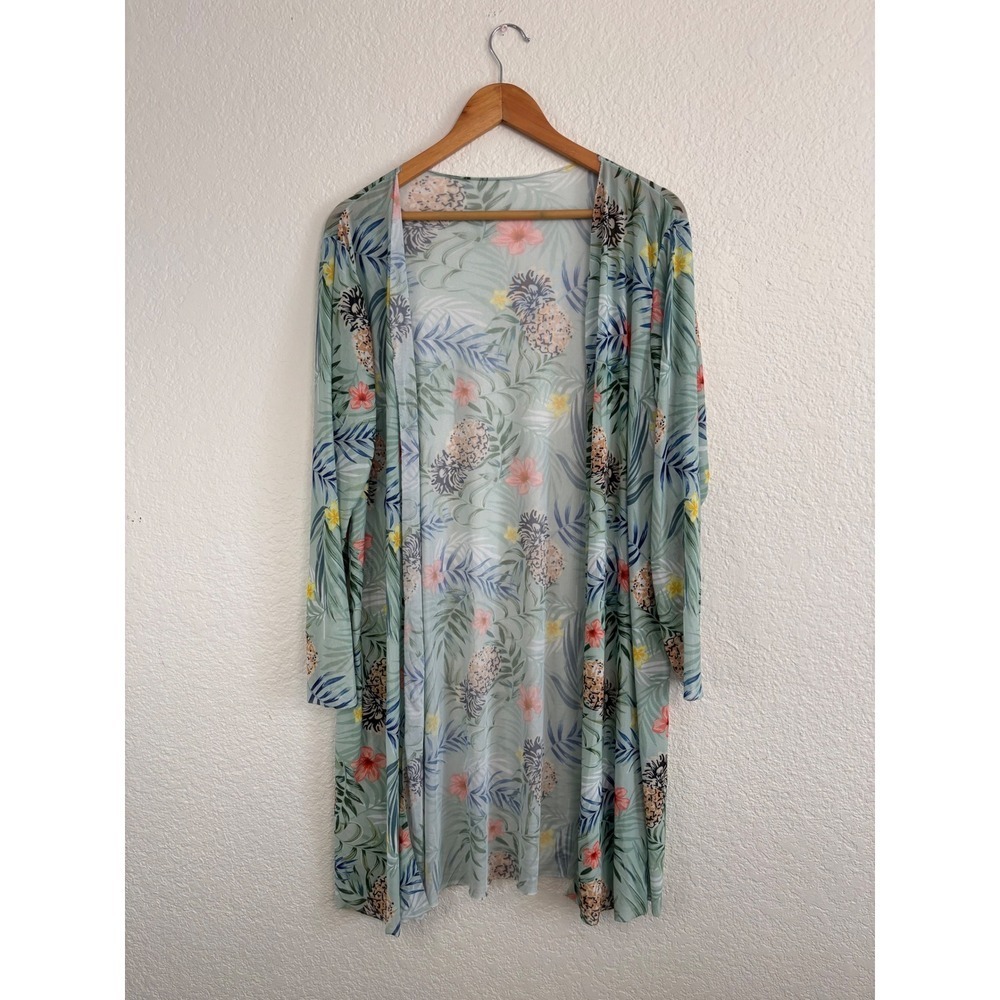 Tropical Pineapple Floral Open Front Duster Cardigan Sage Green Mesh Kimono 1XL